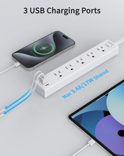 5 Outlets 2 Prong Power Strip with 3USB, 6FT Extension Cord for Old House