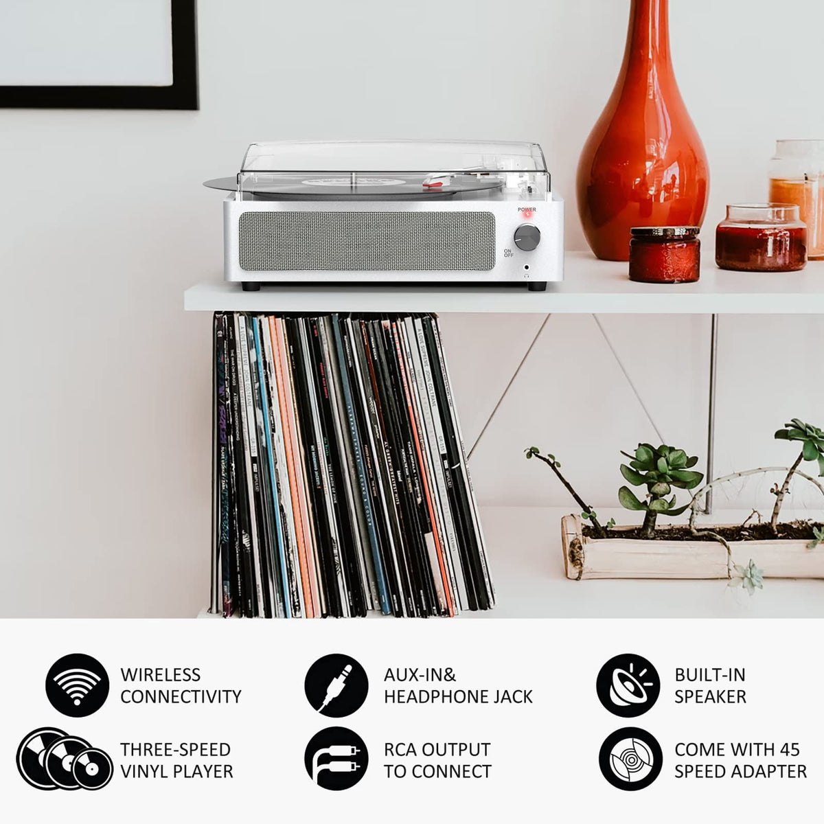 Seasonlife® Record Player for Vinyl Turntable with Speakers,Pale Purple