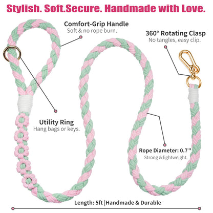 5FT Braided Cotton Rope Leash for Small, Medium and Large Dogs, Red & White Twist