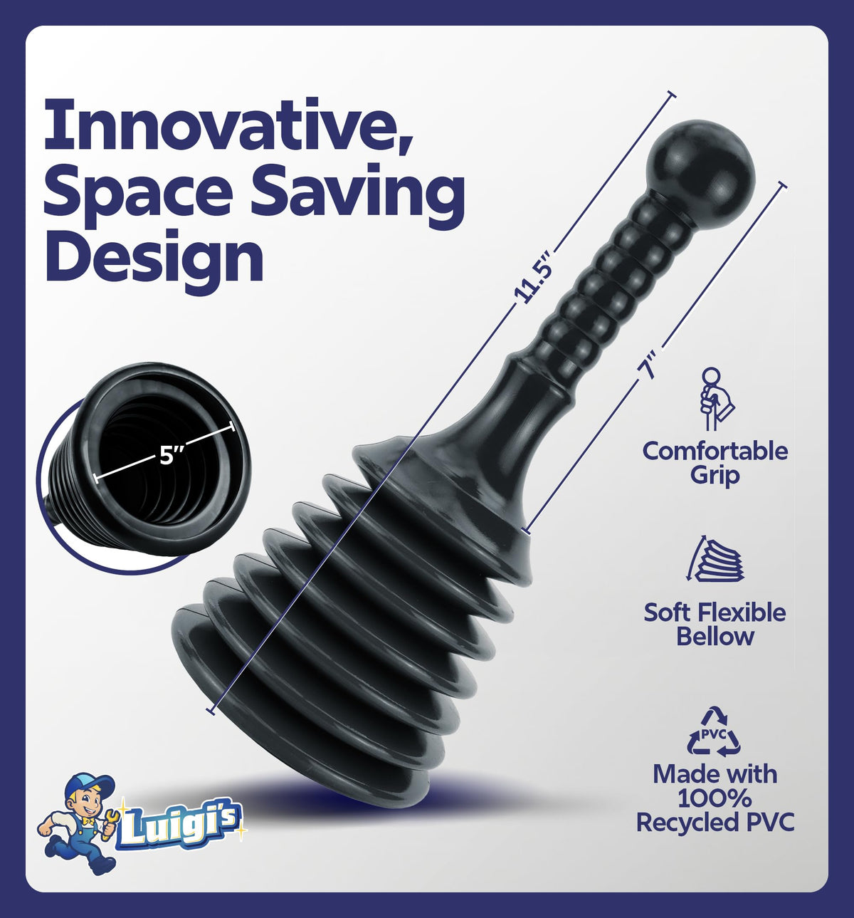 Luigi's Mini Sink Plunger for Unblocking Drains in Bathroom Kitchen Sink Bath and Shower - Small Powerful Commercial Style Plumbers Plunger - Bellow Plunger Sink Unblocker