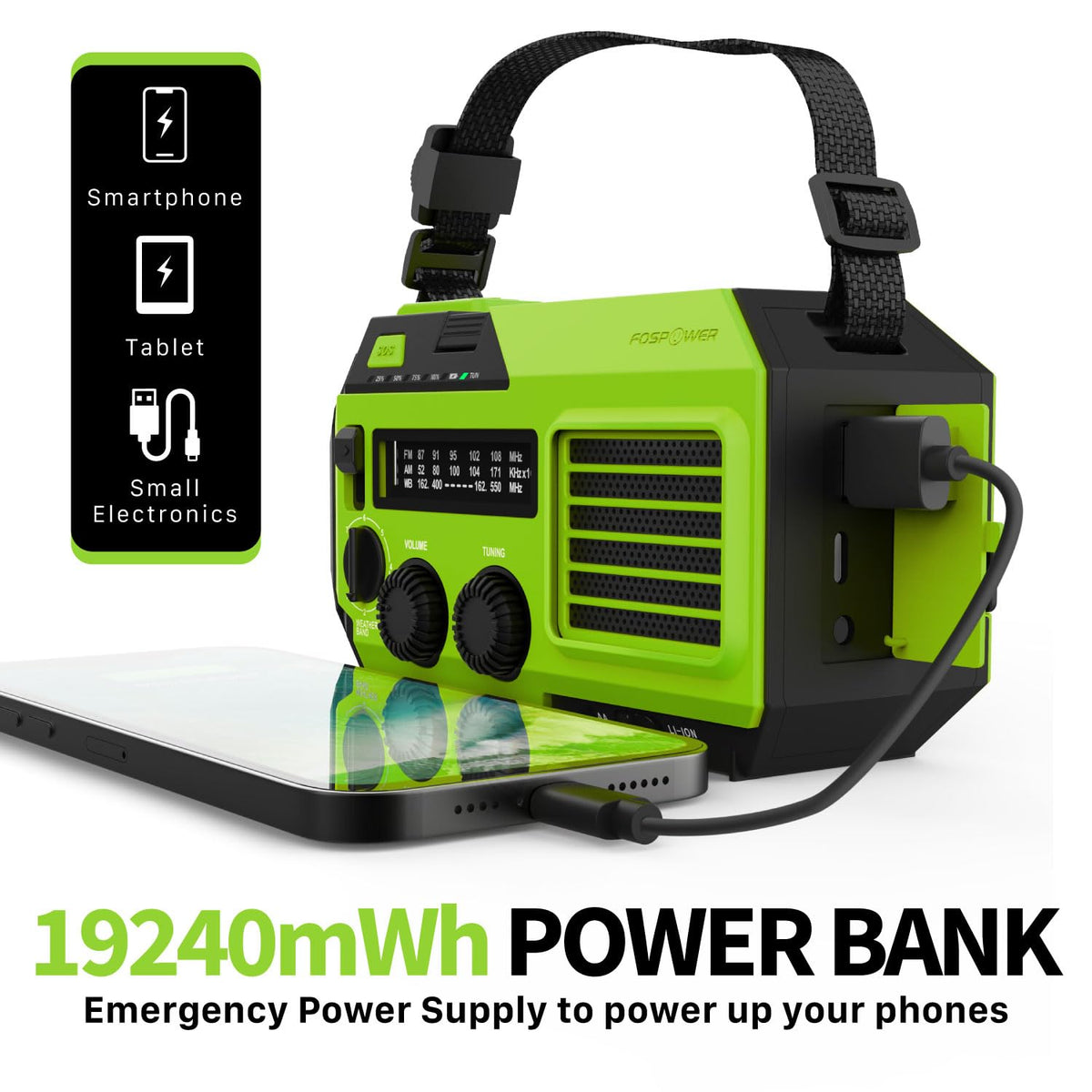 FosPower NOAA Emergency Weather Radio D8 37000mWh Portable Power Bank, AM/FM, USB/Solar/Hand Crank Charging, SOS Alarm & Flashlight for Indoor/Outdoor Emergency - Orange