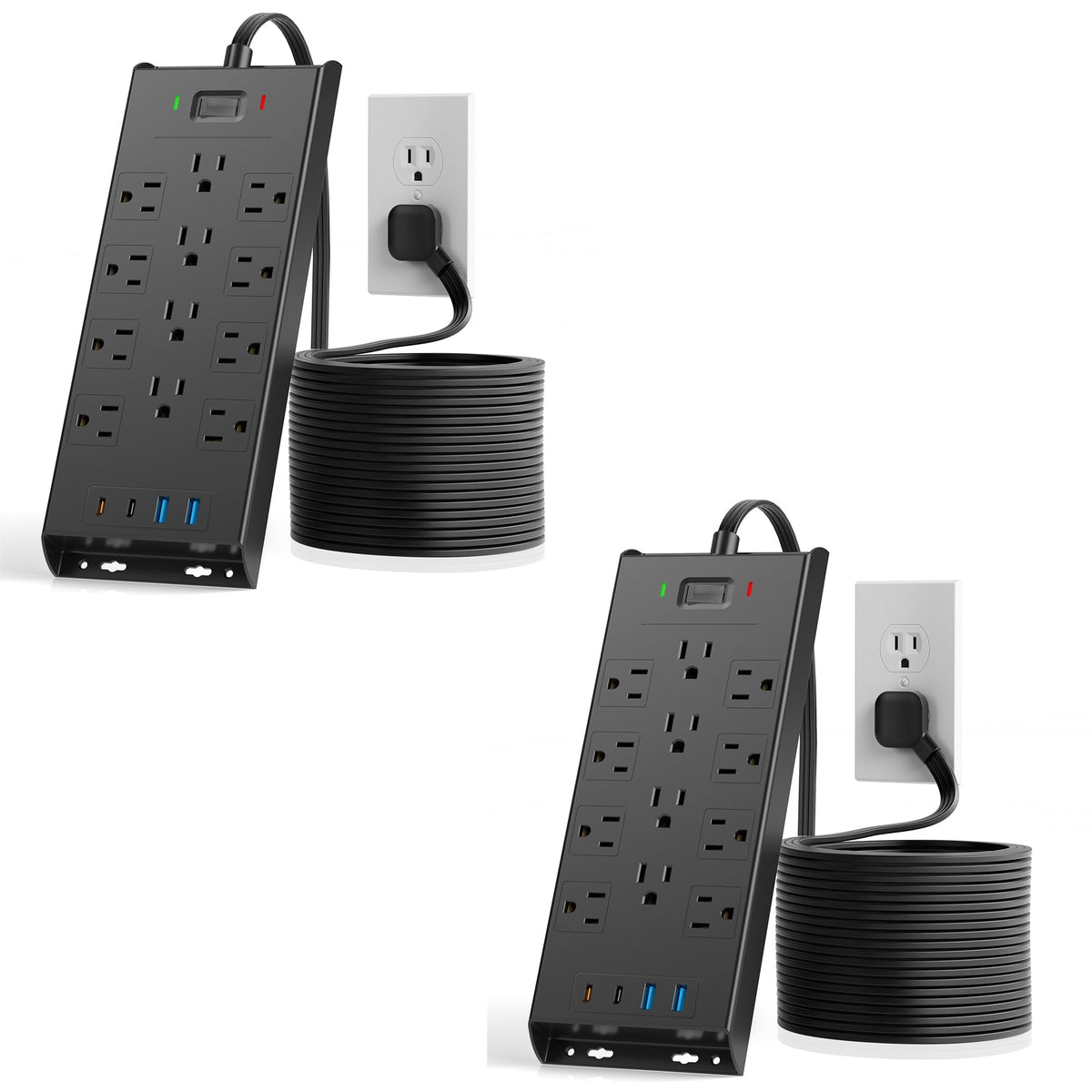Surge Protector Power Strip 4800J, LeZone 10Ft Long Extension Cord Flat Plug, 20 Outlets 4 USB-A 4 USB-C Ports, Wall Mountable, Home Office Dorm Essentials, Black