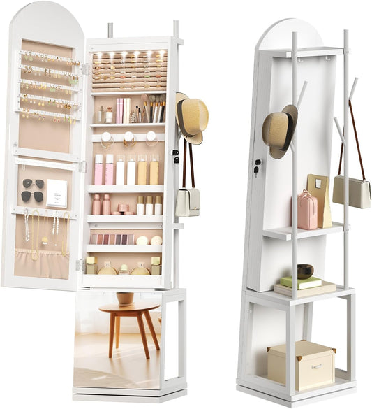 HOOBRO 360° Swivel Jewelry Cabinet with LED Lights, Standing Jewelry Organizer with Storage Shelf, Arched Full-Length Mirrored Jewelry Aromires, Lockable Jewelry Cabinet, Makeup Brush Boxes, White
