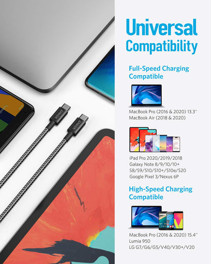 Anker USB C to USB C Cable, 60W Fast Charging Cable (2-Pack, 6 ft, Black)