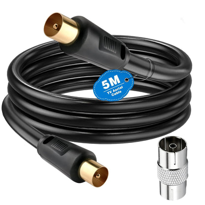Ancable TV Aerial Cable with Coaxial Adapter 5M Black TV Ariel Lead