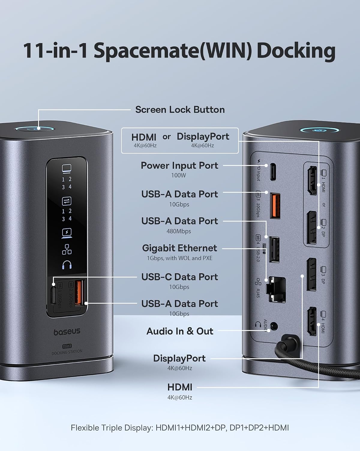 Baseus Spacemate Docking Station, 11-in-1 USB-C Dock for Windows Laptop, Baseus 100W USB C Charger Block, 3-Port Foldable Compact PPS Wall Charger