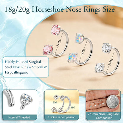 Horseshoe Nose Ring 20g 18g Gold Silver Opal CZ Double Gem Nose Rings Studs for Women Men 7mm 8mm Hypoallergenic Hoop Earrings Cartilage Helix Tragus Nostril Septum Daith Piercing Jewelry