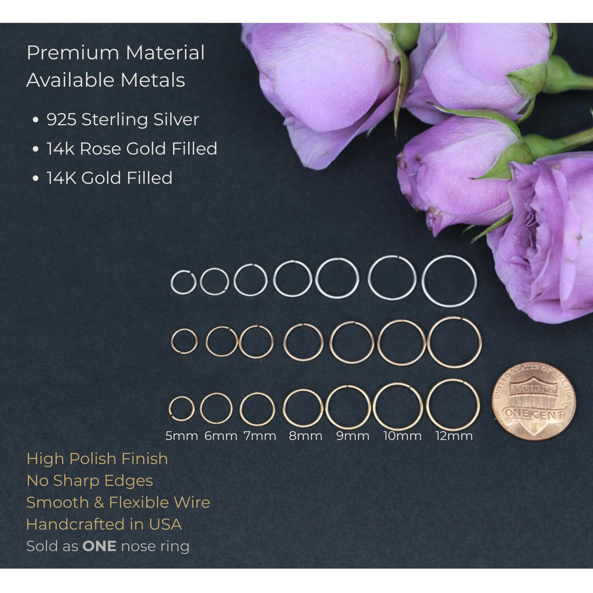 Small Thin Gold or Sterling Silver Nose Ring Hoop for Women, 20G/22G/24G