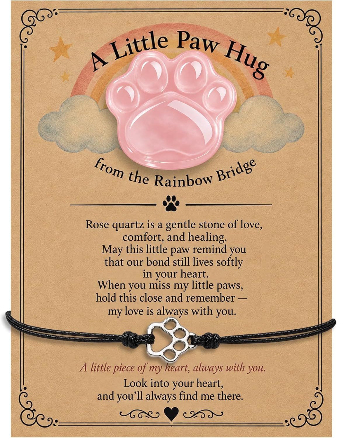 Dog Memorial Gifts for Loss of Dog, Rose Quartz Paw & Memorial Bracelet