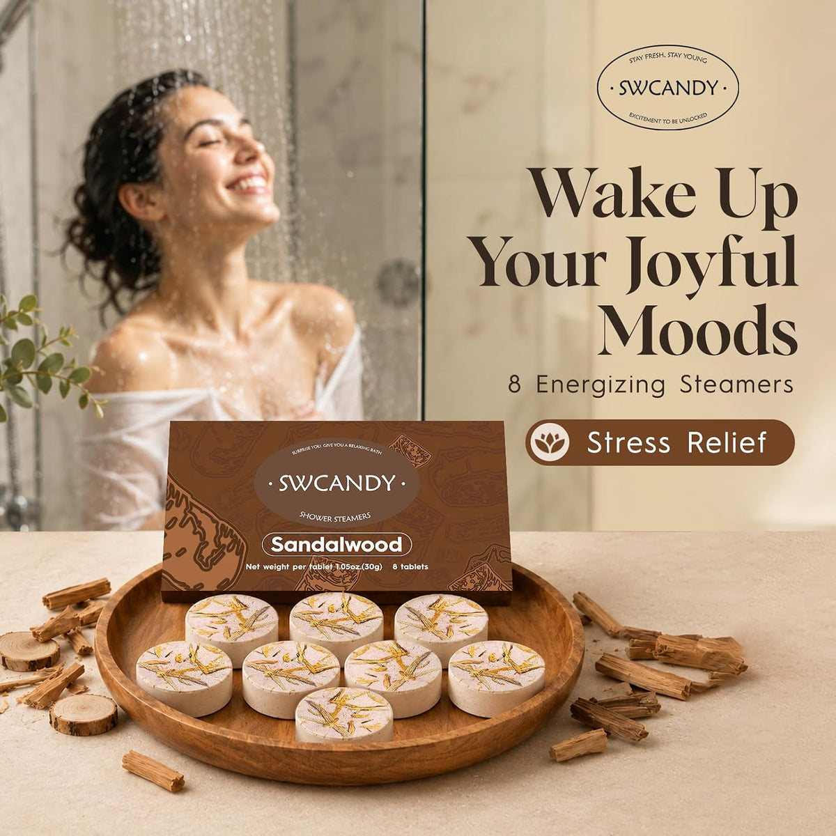 SWCANDY Sandalwood Shower Steamers 8 Pack, Home Spa Self Care