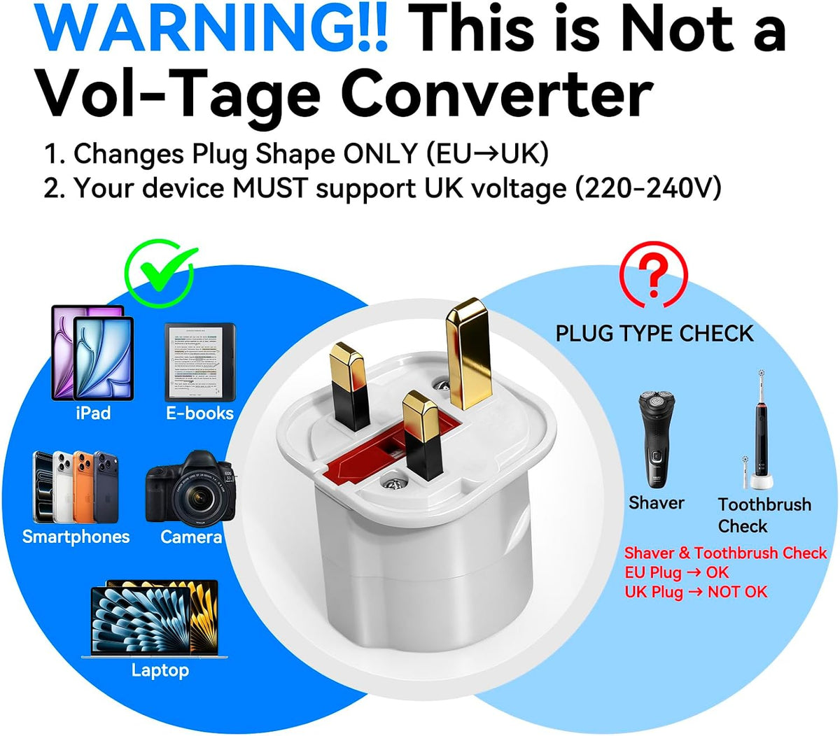 VGUARD European to UK Plug Adaptor, BS8546 Certified EU to UK Adapter