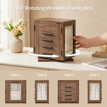 HOOBRO 360° Rotating Jewelry Box with Mirror, Wooden Jewelry Organizer Box