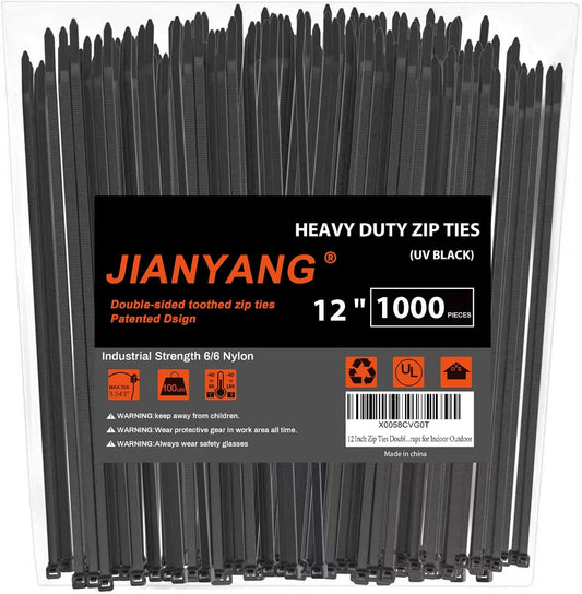 12 Inch Zip Ties Double Sided Toothed (Bulk 1000 Pack),100 LBS Tensile Strength Heavy Duty Cable Wire Ties With Self-Locking Adjustable More Durable Nylon Tie Wraps for Indoor Outdoor