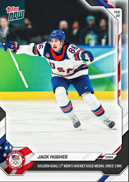 2026 Topps Now Olympics Jack Hughes #18 Golden Goal! 1st Men's Hockey Gold Medal Since 1980 Team USA Hockey Card
