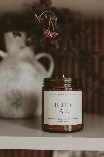Sweet Water Decor Hello Fall Candle, 9oz Amber Jar, Autumn Scents for Home