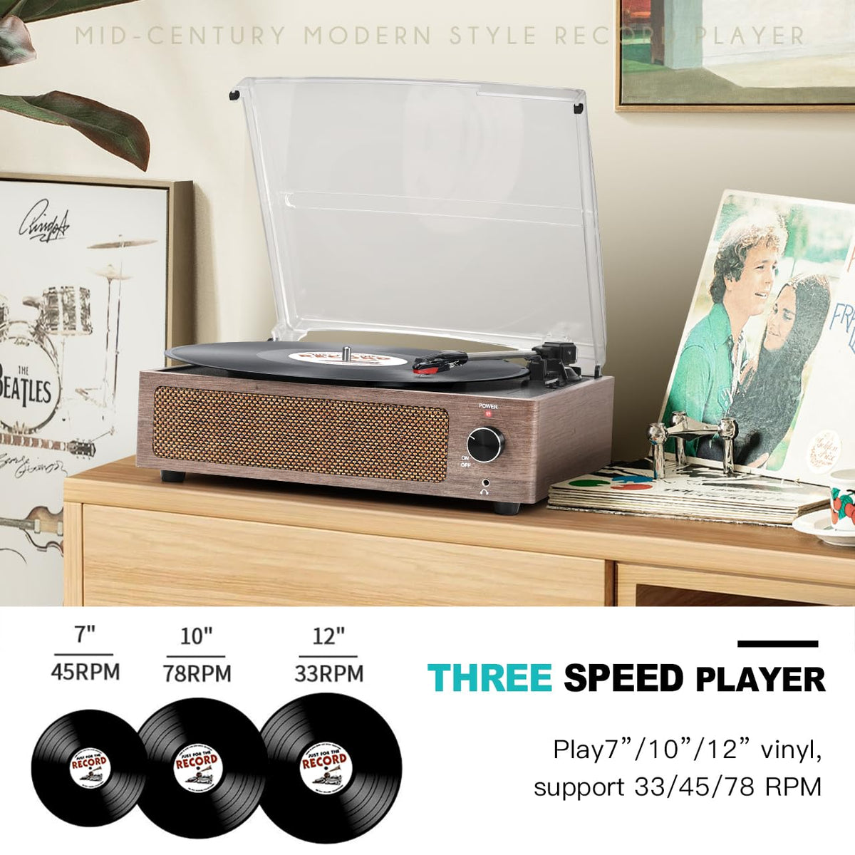 Seasonlife® Record Player for Vinyl Turntable with Speakers,Pale Purple