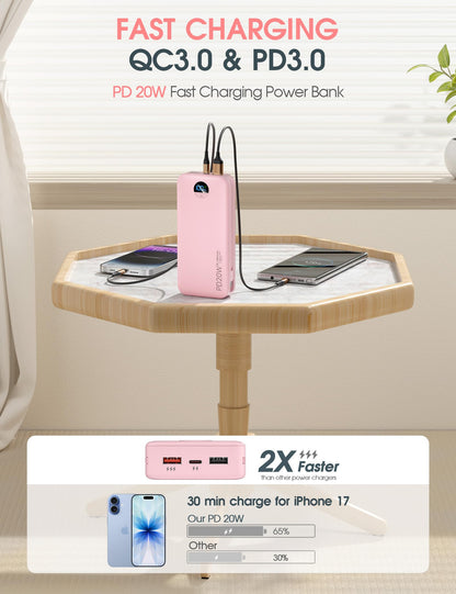 citicr Portable Charger 10000mAh PD20W w/Built-in Cables & Wall Plug Purple