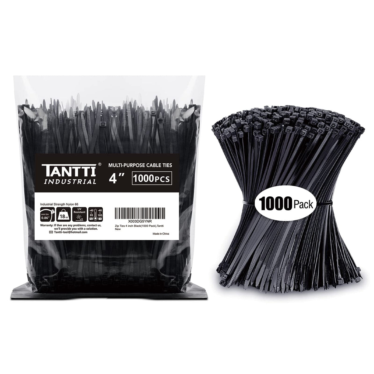 Zip Ties 4 inch (200 Pack), Small Zip Ties with 18 lb Tensile Strength, Black, by Tantti Supply