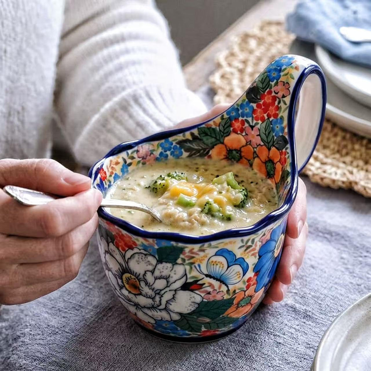 ALMA Handpainted Soup Bowl with Large Loop Handle,Easier Secure Grip