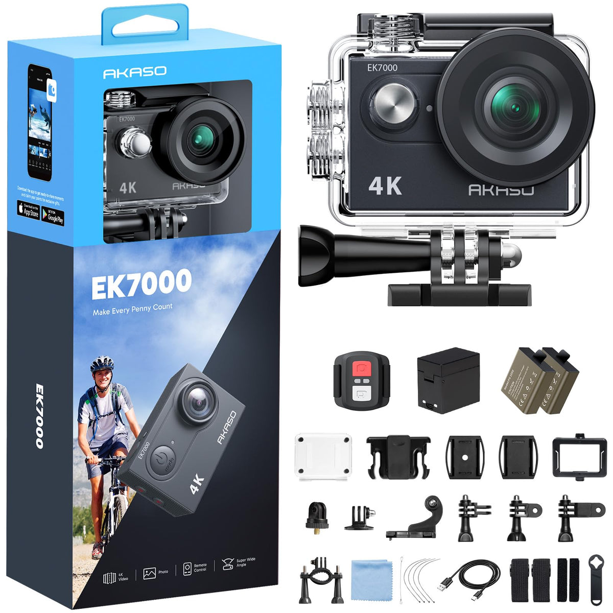 AKASO EK7000 4K30FPS 20MP WiFi Action Camera with EIS Ultra HD 131FT Waterproof Underwater Camera Remote Control 4X Zoom Support External Microphone