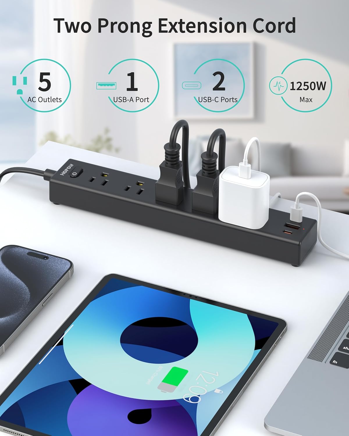 5 Outlets 2 Prong Power Strip with 3USB, 6FT Extension Cord for Old House