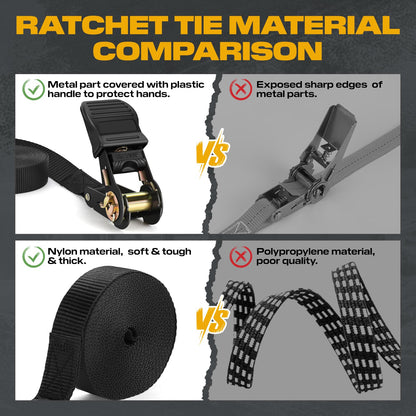 Ratchet Straps with Hook, 6M x 25MM, Heavy Duty, 4 Pack/Black