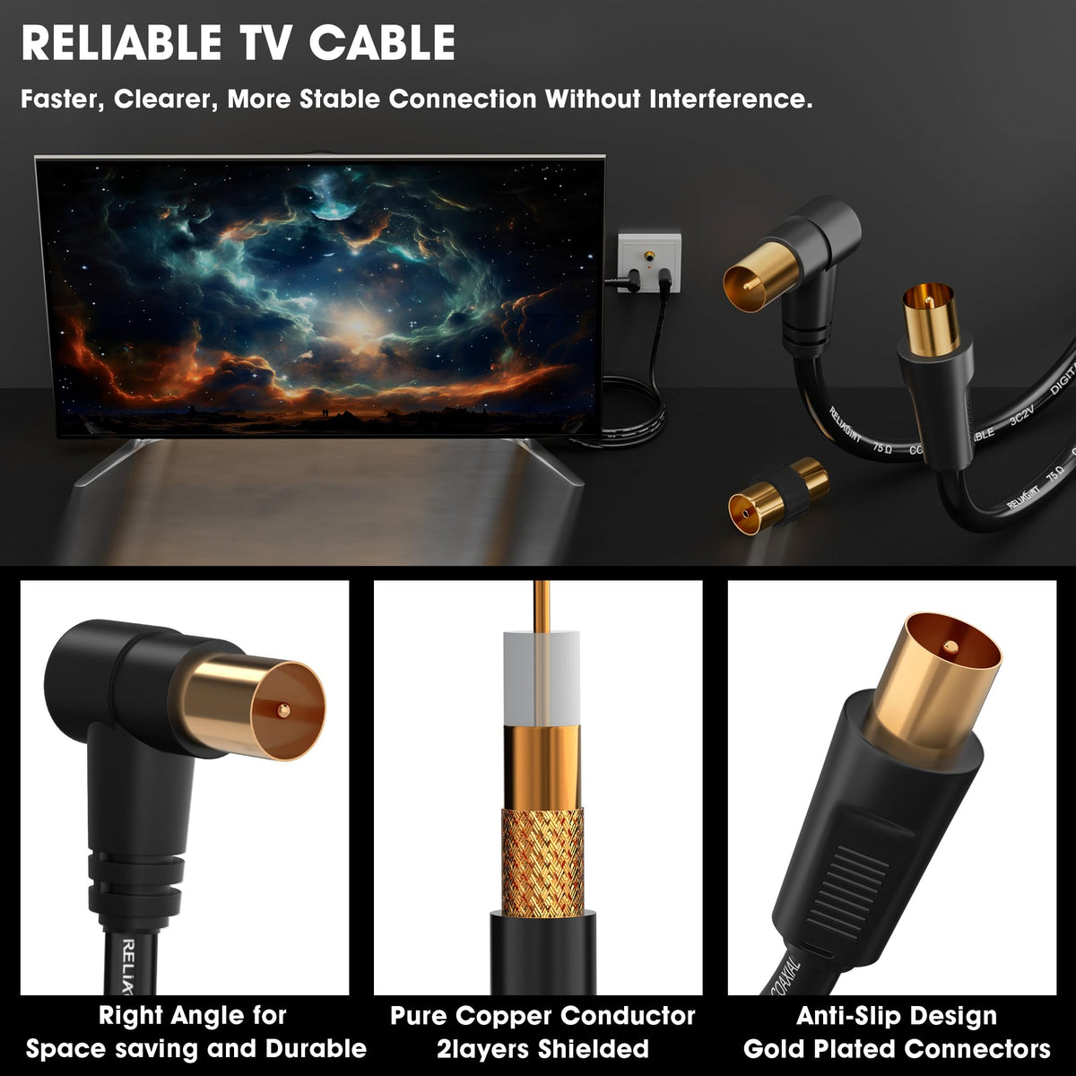 TV Aerial Cable 0.5m, 75 Ohm Coaxial Lead, IEC 9.5mm Male to Male 3C2V Pure Copper Dual Shielded, Right-Angle Connector, Female to Female Adaptor Included, Black