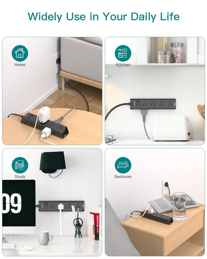 Flat Plug Power Strip, Ultra Thin Flat Extension Cord - 12 Outlets 3 Sides