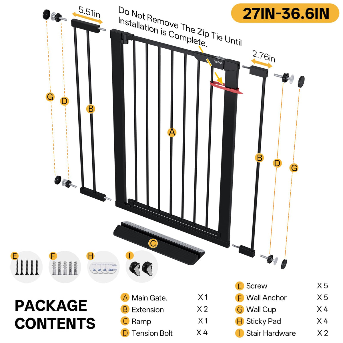 InnoTruth 27-36.6 in Wide Baby Gate for Stairs and Doorways, Black