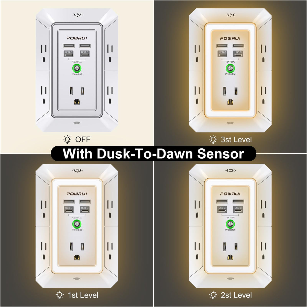 Multi Plug Wall Outlet Night Light, POWRUI 6 Outlet Extender & 3 USB Ports