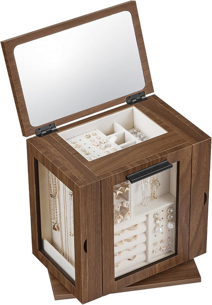 HOOBRO 360° Rotating Jewelry Box with Mirror, Wooden Jewelry Organizer Box