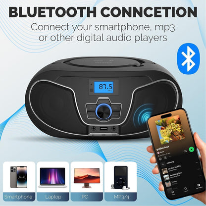 Philips CD Player Boombox, Dynamic Bass Boost with Bluetooth, FM Radio, USB Playback & AUX Input, Portable Top-Loading Boombox, Clear Stereo, RW/MP3 Compatible (Black)