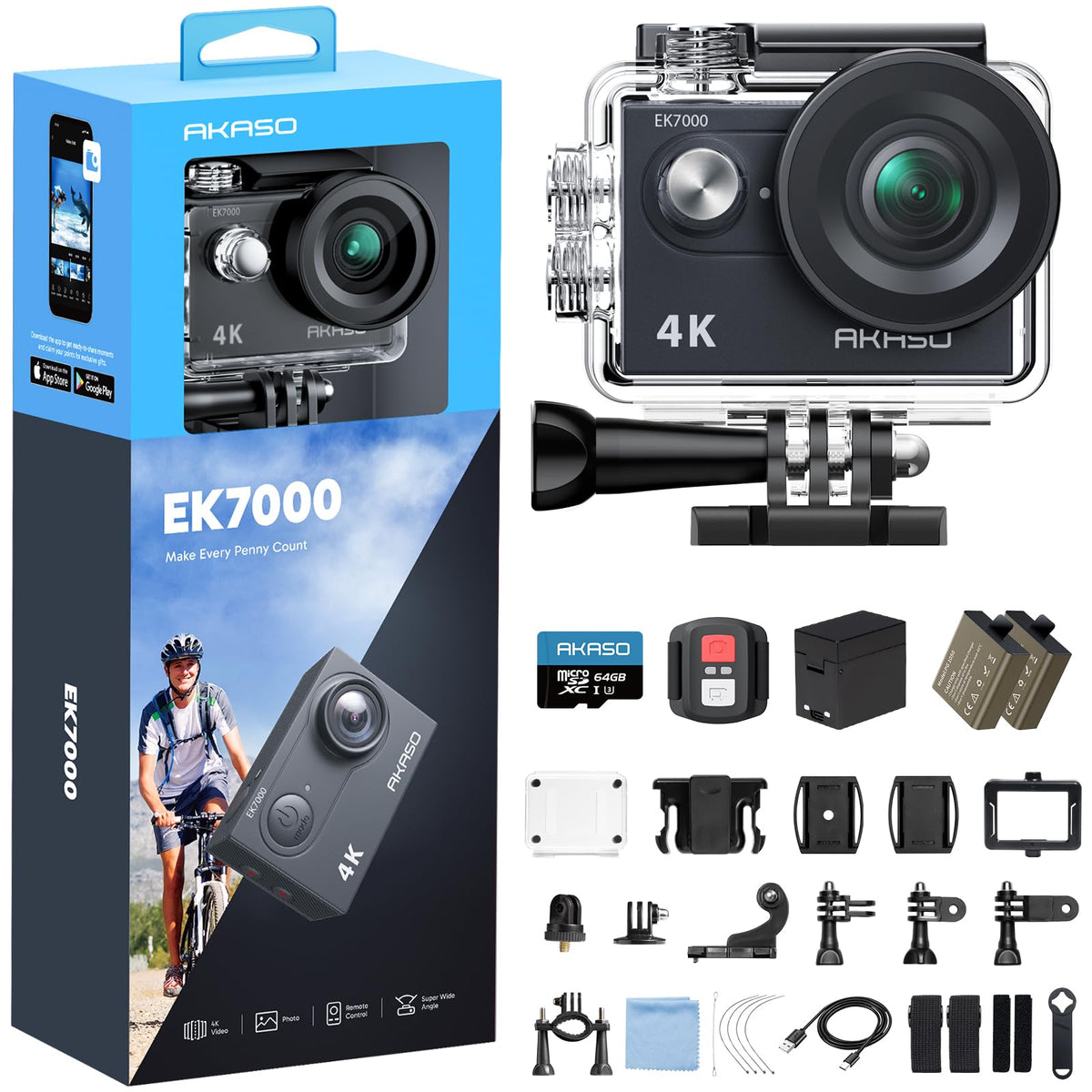 AKASO EK7000 4K30FPS 20MP WiFi Action Camera with EIS Ultra HD 131FT Waterproof Underwater Camera Remote Control 4X Zoom Support External Microphone