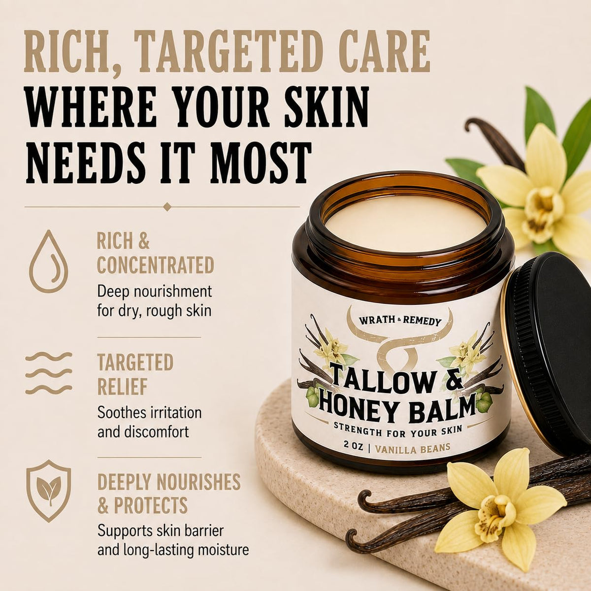 Wrath & Remedy Beef Tallow and Honey Balm, Handcrafted, Unscented, 4 oz