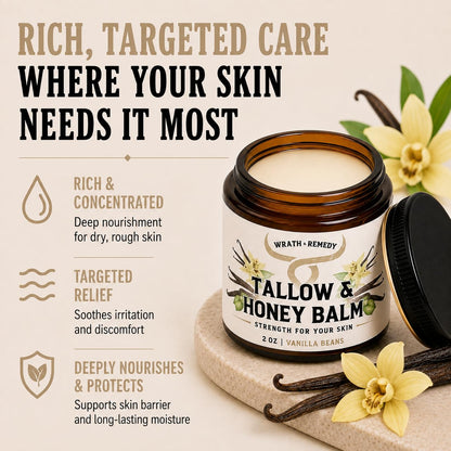 Wrath & Remedy Beef Tallow and Honey Balm, Handcrafted, Unscented, 4 oz