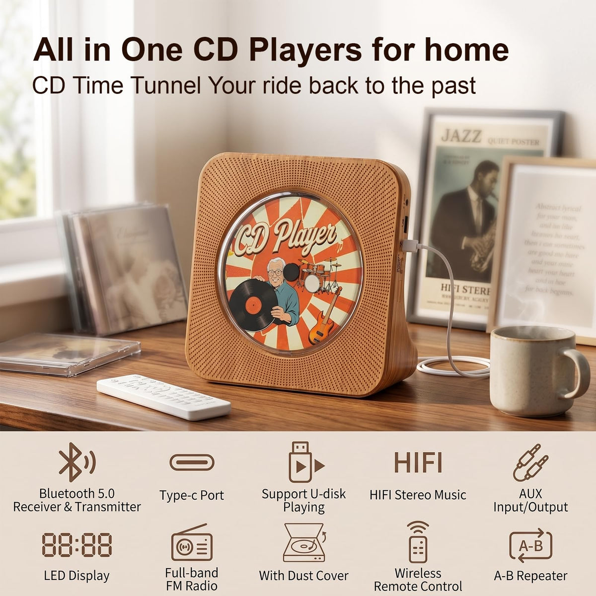 Gueray CD Player Portable Bluetooth Desktop CD Player for Home (Black)