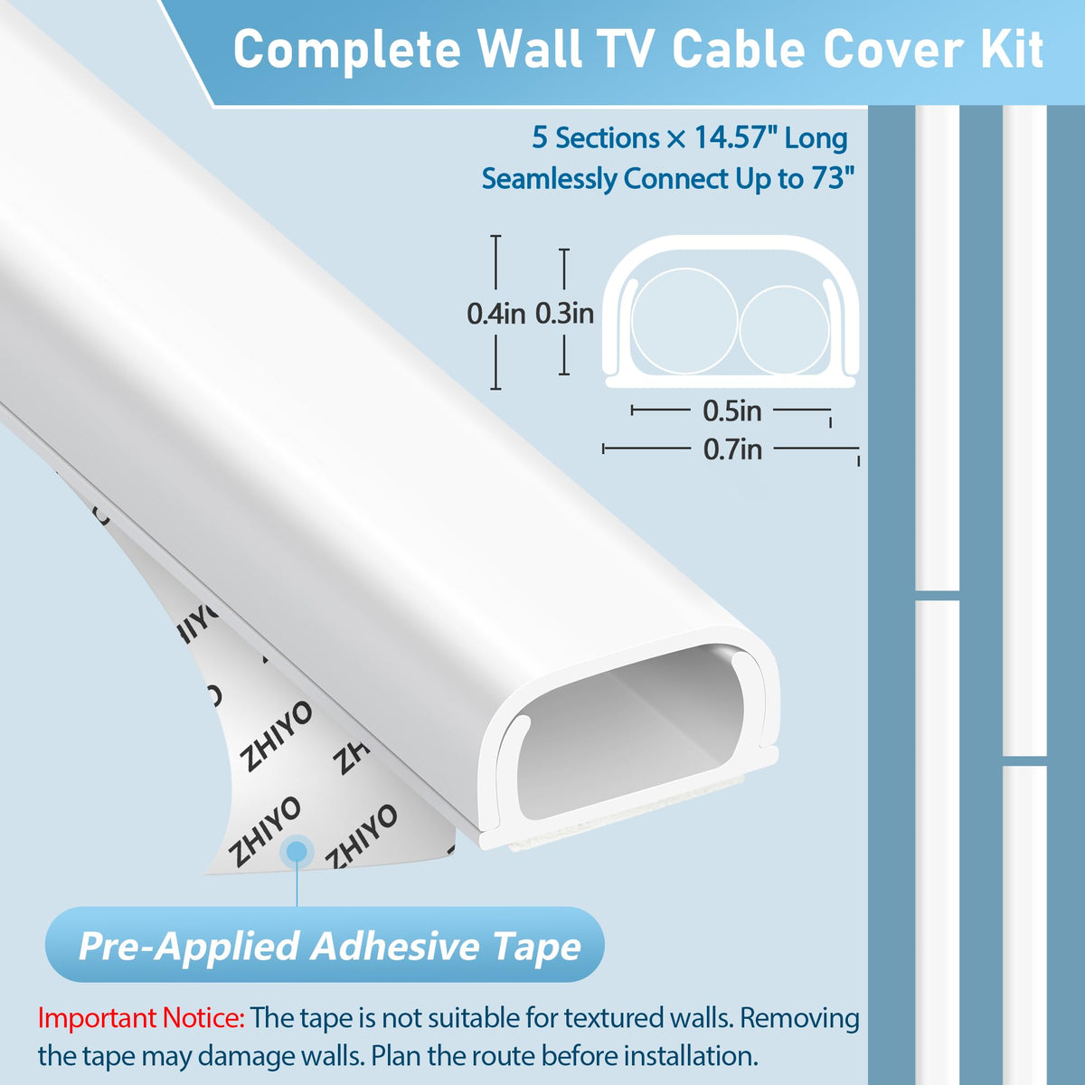 ZhiYo 85" Cord Cover for 1 Wire, Mini White Cord Hider Wall, 0.5"W x 0.3"H