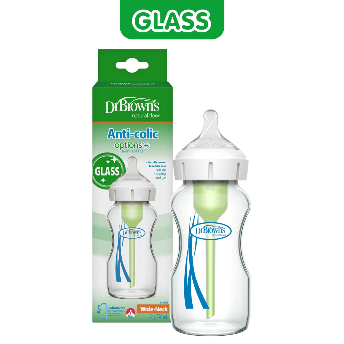 Dr. Brown's Anti-Colic Options+ Wide-Neck Glass Baby Bottle, 5 oz, 1-Pack