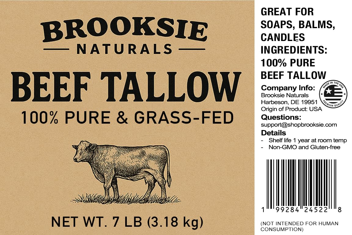 100% Pure & Grass Fed Beef Tallow 7 Lb. Rendered Bulk | No Additives | For Soaps, Balms, Candle, Skincare | Non-GMO and Gluten-free