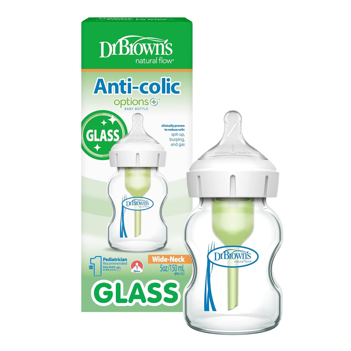 Dr. Brown's Anti-Colic Options+ Wide-Neck Glass Baby Bottle, 5 oz, 1-Pack