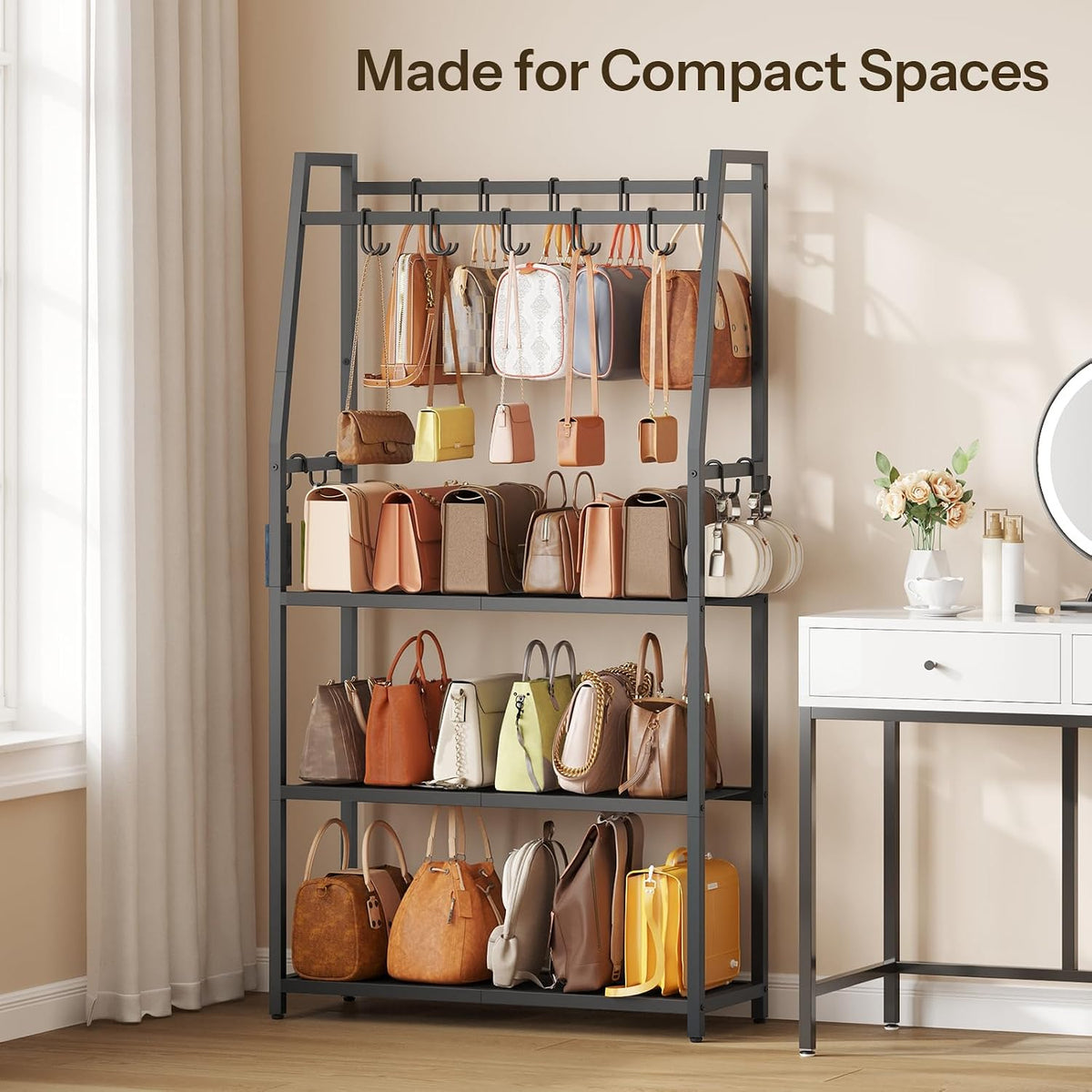 HOOBRO 3-Tier Purse Organizer for Closet, Purse Rack Stand with 14 Hooks