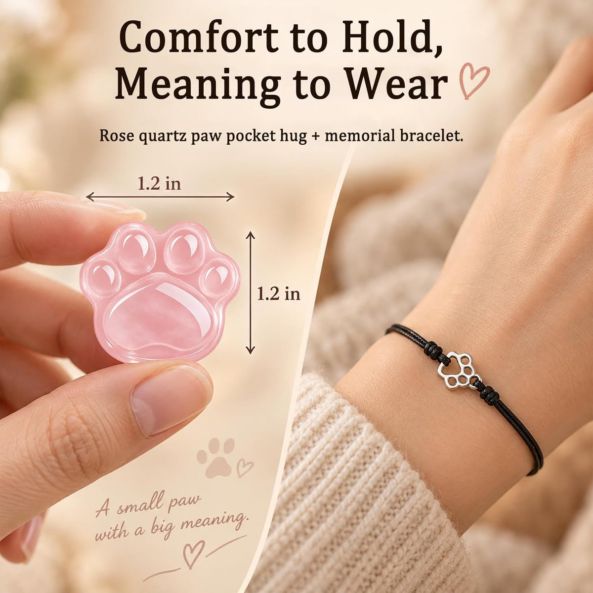 Dog Memorial Gifts for Loss of Dog, Rose Quartz Paw & Memorial Bracelet