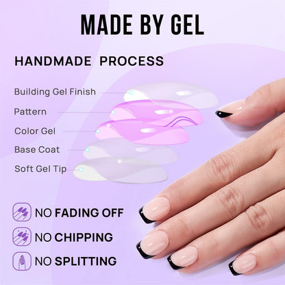 BTArtbox Press On Nails, Short Almond French Tip Nails, 32Pcs Full Kit