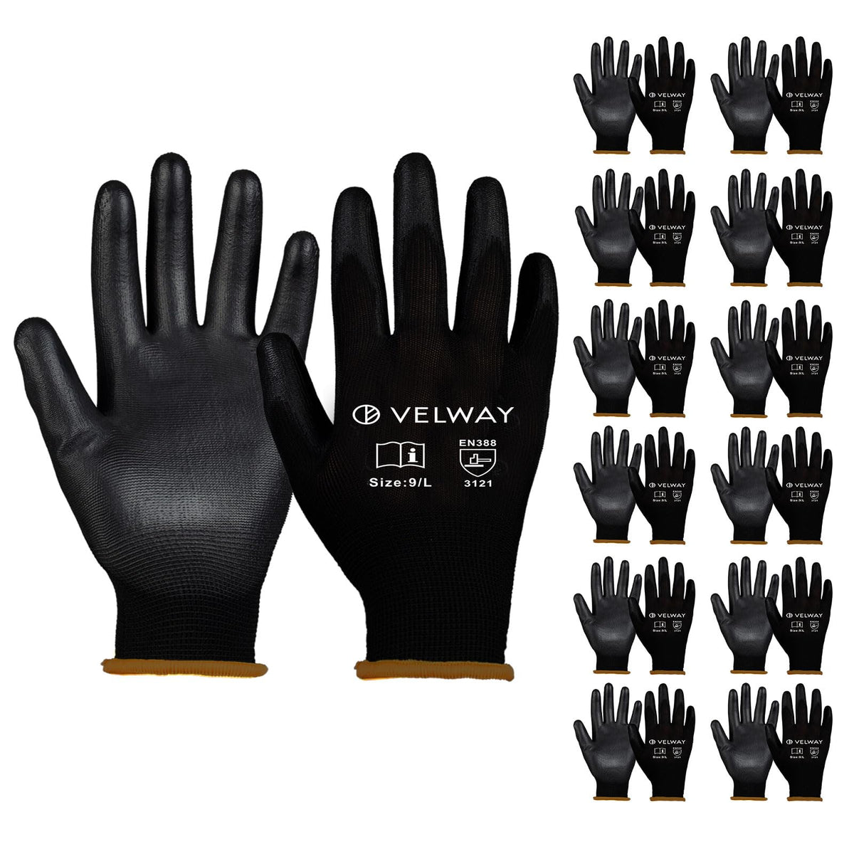 Velway 12 Pairs Work Gloves PU Coated for Men Women, Red, Size 9/L