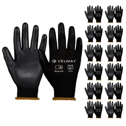 Velway 12 Pairs Work Gloves PU Coated for Men Women, Red, Size 9/L