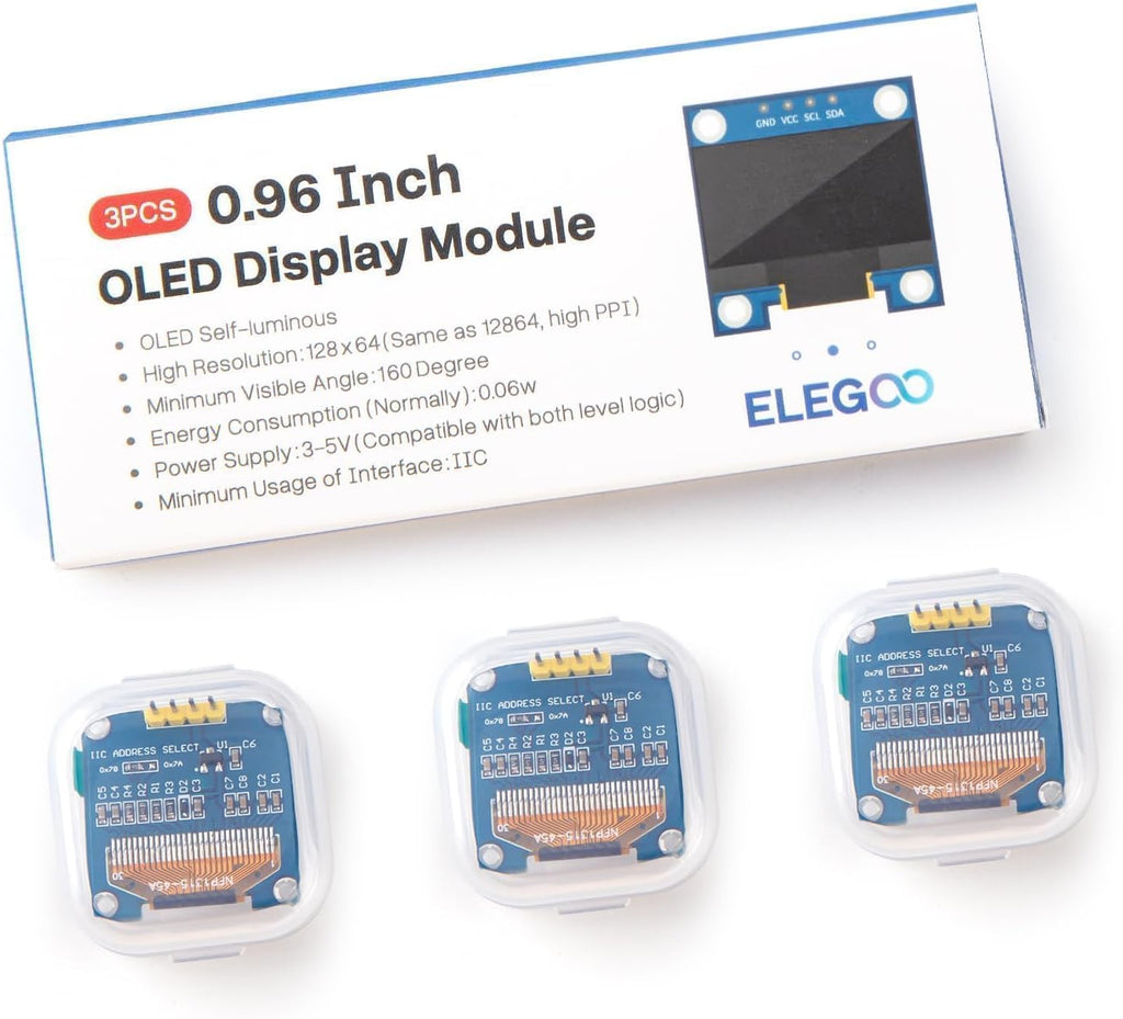 ELEGOO 0.96 Inch OLED Display Screen Module, Self-Luminous, SSD1306, 3PCS