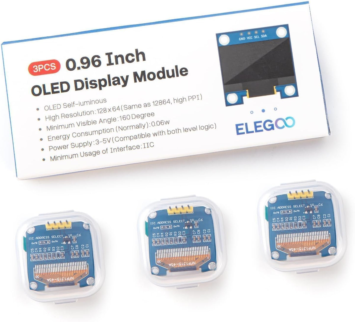 ELEGOO 0.96 Inch OLED Display Screen Module, Self-Luminous, SSD1306, 3PCS