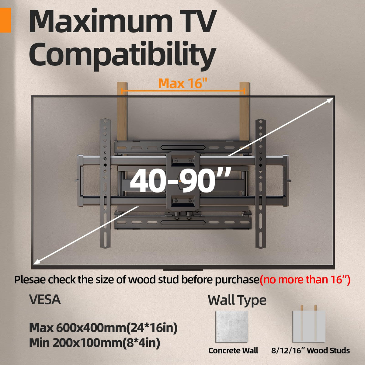 55 65 75 85 inch Tilting TV Wall Mount for 32-90 '' TVs, Low Profile TV Mount Bracket, Safe Lock & Quick Release,Max VESA 600x400mm, 24 inch Studs,132 lbs, Fit Most 55+ 75+ 85+ 86 TVs