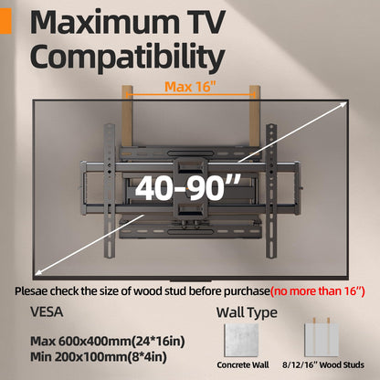 55 65 75 85 inch Tilting TV Wall Mount for 32-90 '' TVs, Low Profile TV Mount Bracket, Safe Lock & Quick Release,Max VESA 600x400mm, 24 inch Studs,132 lbs, Fit Most 55+ 75+ 85+ 86 TVs