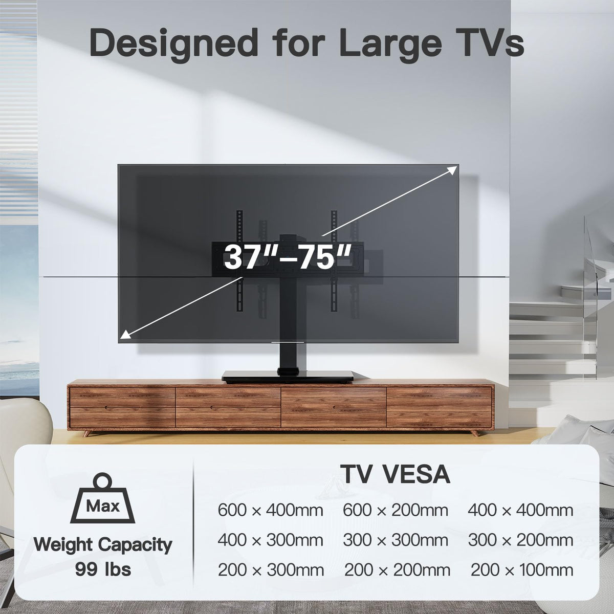 PERLESMITH Universal Swivel TV Stand for 32-75 inch TVs to 99lbs with Legs